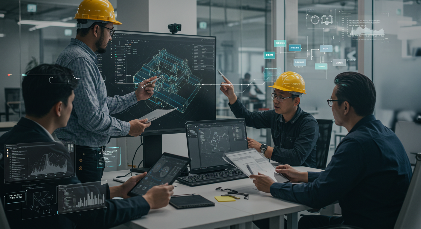 Equipe de engenharia colaborando em um escritório moderno com integração de dados entre CAD e ERP