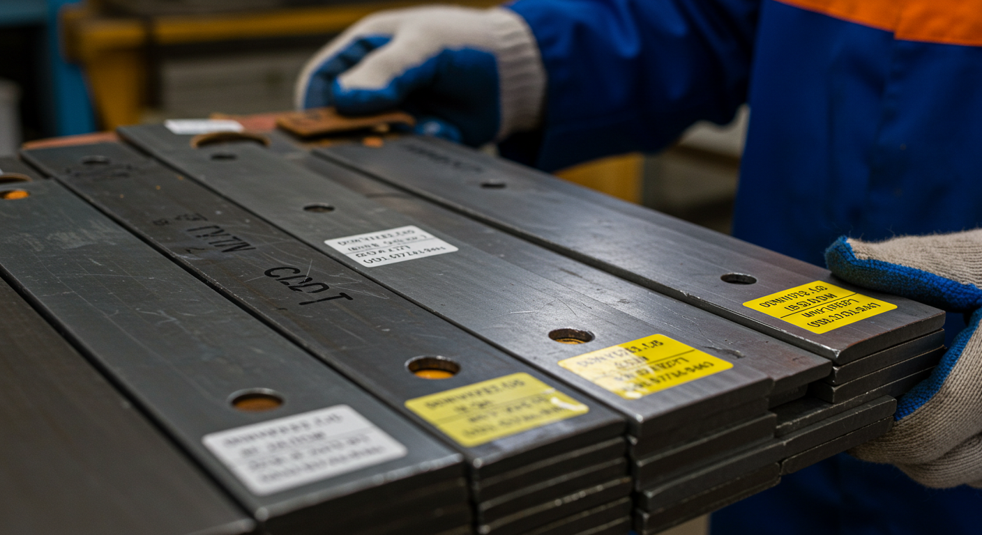 Technician comparing steel samples from multiple suppliers, all conforming to the same international standards, showcasing the concept of multi-sourcing in manufacturing.