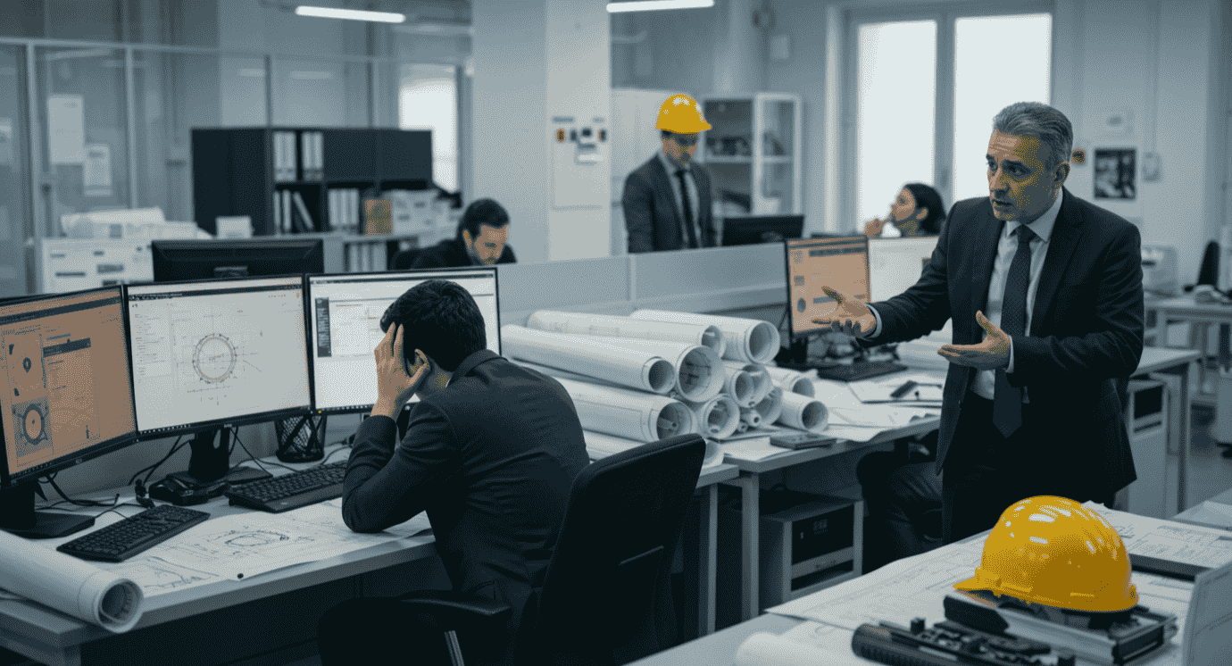 "Engineering manager holding a paper with negative Brazilian reais symbol while stressed designers work on technical blueprints, illustrating inefficiency and the need for CAD-ERP automation