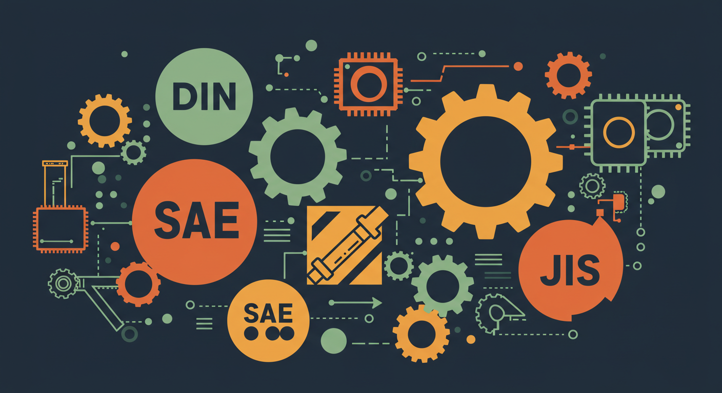 "Engineers reviewing DIN, ASME, SAE and JIS material standards in global industry."