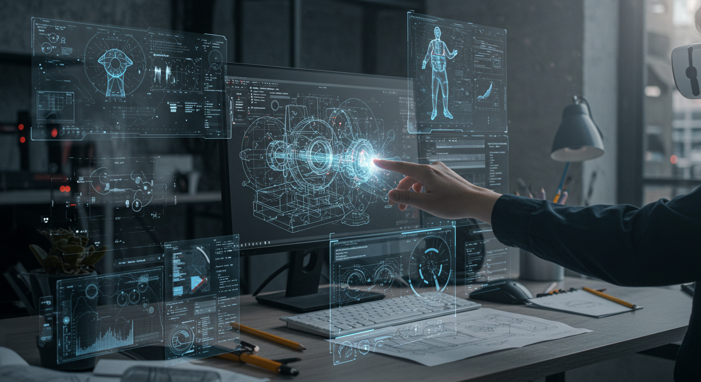 Engenheiro utilizando software CAD 3D com simulações e elementos de realidade virtual, representando a evolução do design assistido por computador.