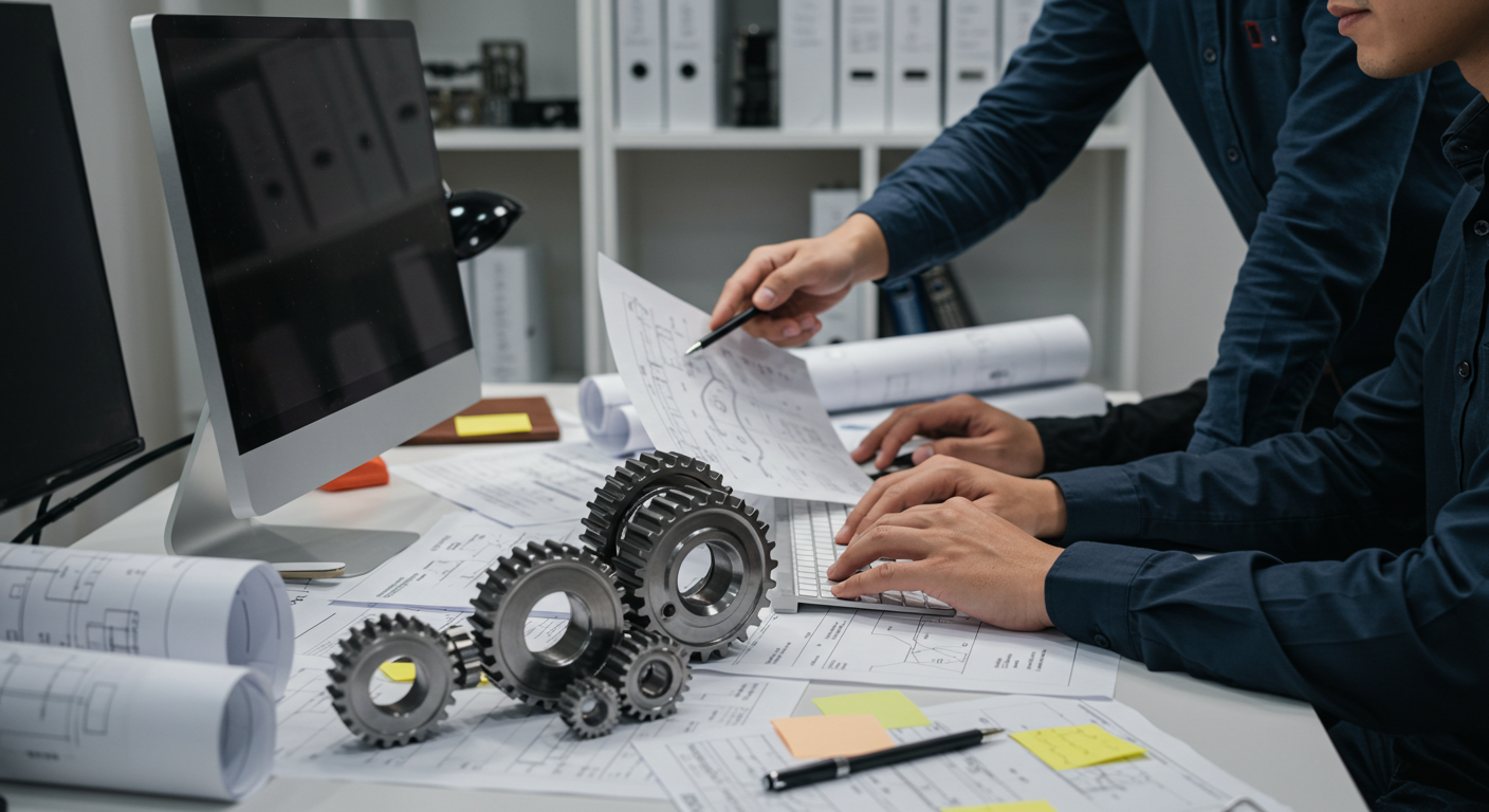 Dois engenheiros em escritório de engenharia trabalhando em computadores e analisando desenhos técnicos, simbolizando integração CAD-ERP sem erros de digitação.