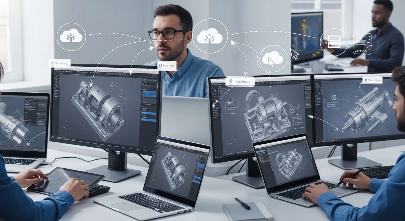 Equipe de engenheiros colaborando remotamente em um projeto CAD, trabalhando simultaneamente em modelos 3D por meio de plataformas digitais e computação em nuvem.