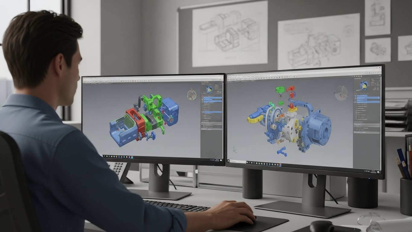 Engenheiro de produto trabalhando em estação de trabalho com dois monitores exibindo modelo 3D em software CAD, mostrando montagem mecânica complexa com vista explodida, camadas coloridas e ambiente de escritório de engenharia organizado, simbolizando boas práticas de modelagem CAD, eficiência em projetos e foco na qualidade do produto.
