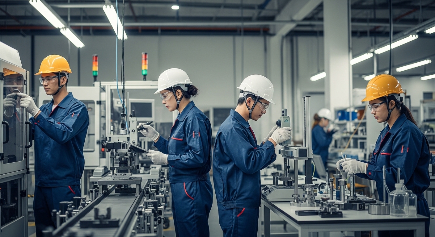 Engenheiros e técnicos da indústria realizando inspeções, testes de qualidade e análises técnicas em ambiente industrial moderno, com foco em segurança e conformidade de produtos.