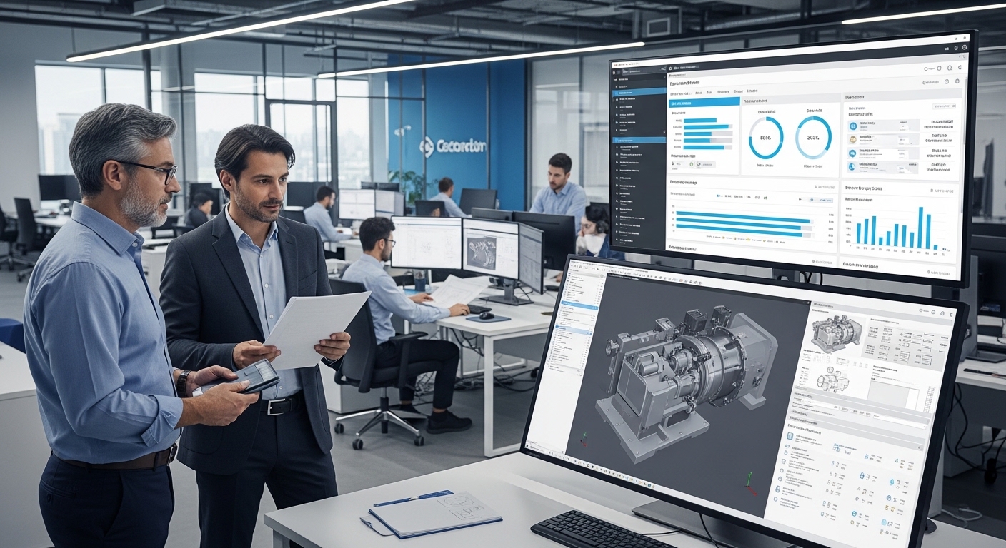 Engenheiros analisando modelo 3D em CAD junto a dashboards de desempenho em tempo real, representando integração entre engenharia e ERP para excelência operacional.