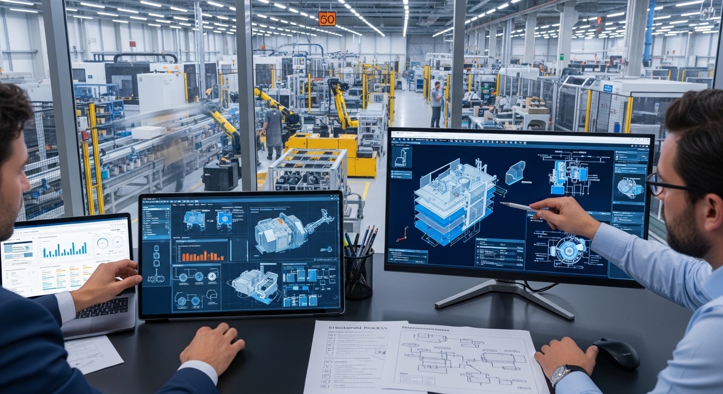 Engenheiros analisando projeto CAD integrado a sistema ERP com indicadores de produtividade em ambiente industrial moderno.